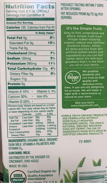 A nutrition facts label for an 8-ounce container of organic milk.